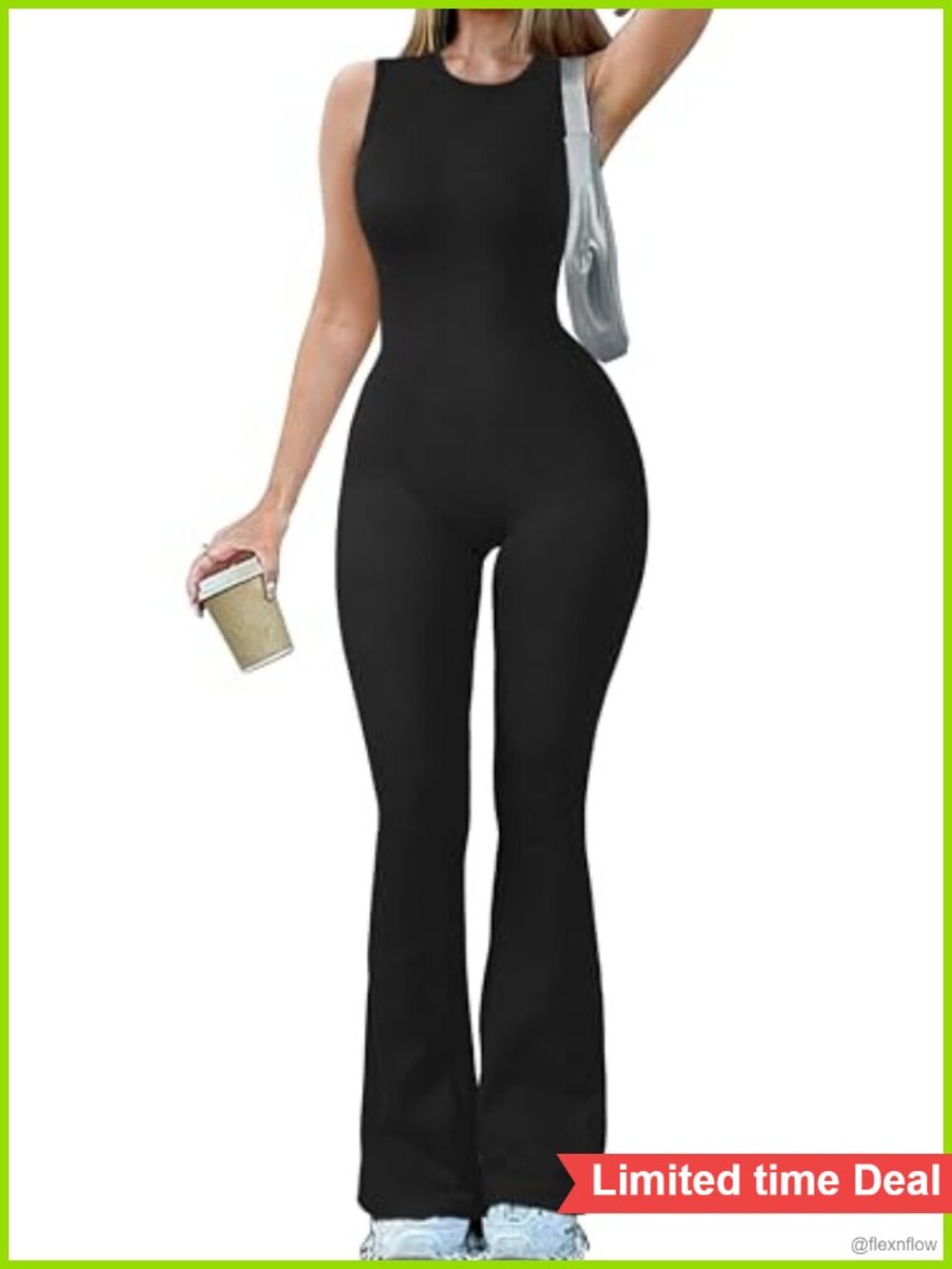 OQQ Women Yoga Crew Neck Sleeveless Flare Jumpsuit Small